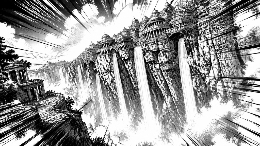 a cliffside city with waterfalls cascading into a misty canyon, wide establishing shot, no people, no text
