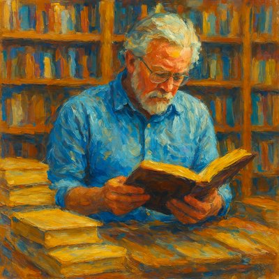 a painting of a man reading a book in a library