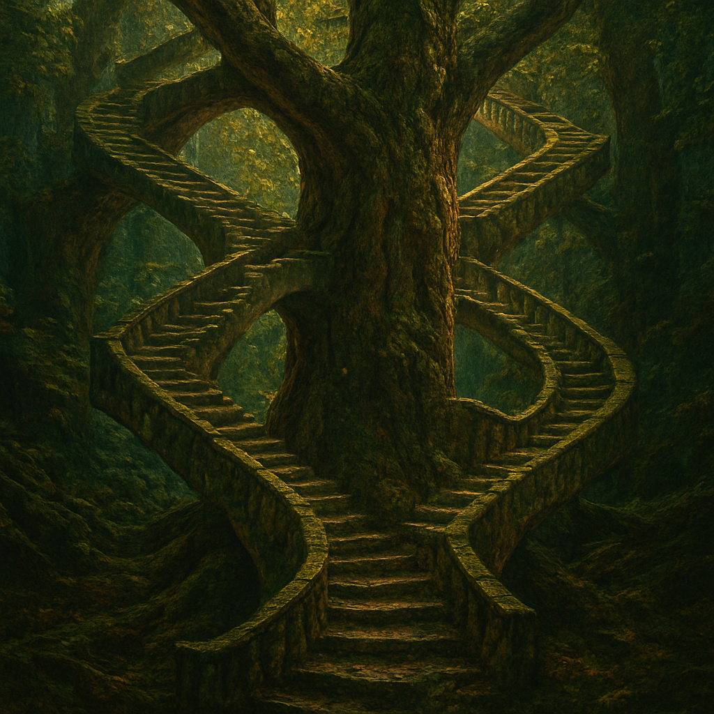 in the style of M.C. Escher, an array of endless staircases of impossible loops and bi-directional pathways, spiraling through a giant tree, Cinematic vibrant reflective jewel-toned colors, black background