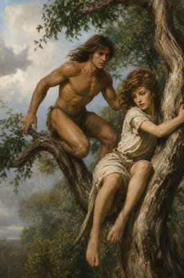 a painting of a man and a woman climbing a tree