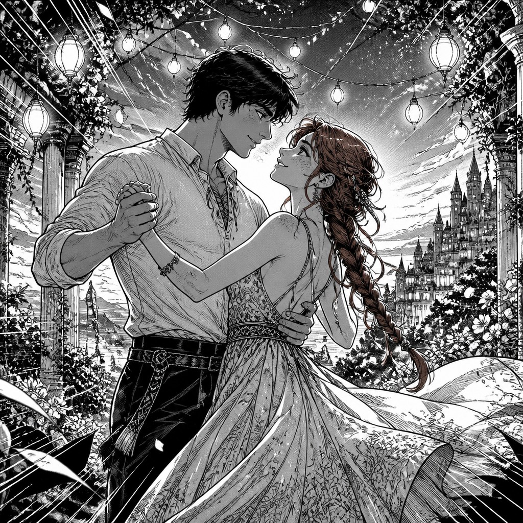 an original couple dancing under string lights in a garden at dusk: a man with short black hair in a linen shirt and a woman with braided red hair in a summer dress