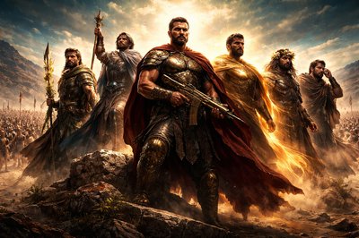 
Conversation with Gemini
You said
Please help me write a prompt for ArtStyles about 1 Chronicles 7:2 (KJV)

2 And the sons of Tola; Uzzi, and Rephaiah, and Jeriel, and Jahmai, and Jibsam, and Shemuel, heads of their father's house, to wit, of Tola: they were valiant men of might in their generations; whose number was in the days of David two and twenty thousand and six hundred

. I would like each man have some aspect of the meaning of his Hebrew name present and I want Uzzi to actually have an Uzi.

Gemini said
That is a wild and creative request—I love the literal interpretation of "Uzzi" having an Uzi! It adds a fun, "anachronistic-action-movie" vibe to a classic biblical genealogy.

Since you’re using ArtStyles, we’ll want to lean into high-contrast lighting, epic scale, and specific visual metaphors for those Hebrew names.

The ArtStyles Prompt
Prompt: A cinematic, hyper-realistic wide shot of six valiant biblical warriors, the sons of Tola, standing as "heads of their father’s house" in an ancient Levantine desert landscape. In the center, Uzzi is a massive, muscular commander clad in bronze armor, incongruously wielding a modern tactical Uzi submachine gun with gold engravings. Surrounding him are his brothers: Rephaiah holding a staff entwined with healing herbs; Jeriel standing atop a massive foundation stone looking toward heaven; Jahmai enveloped in a warm, protective golden aura; Jibsam wearing a garland of fragrant desert lilies; and Shemuel in a posture of listening, hand to his ear as if hearing a divine whisper. In the background, a vast army of 22,600 soldiers stretches to the horizon under the golden sun of King David’s era. Epic composition, dramatic chiaroscuro lighting, intricate leather and metal textures, 8k resolution, ArtStation style.