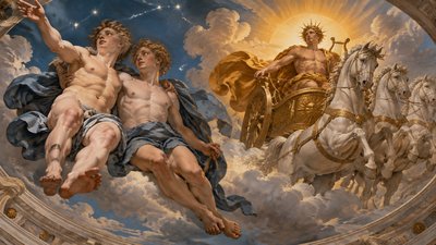 ancient greek mythology scene of the ignudi gemini twins in the heavens and Apollo in his chariot