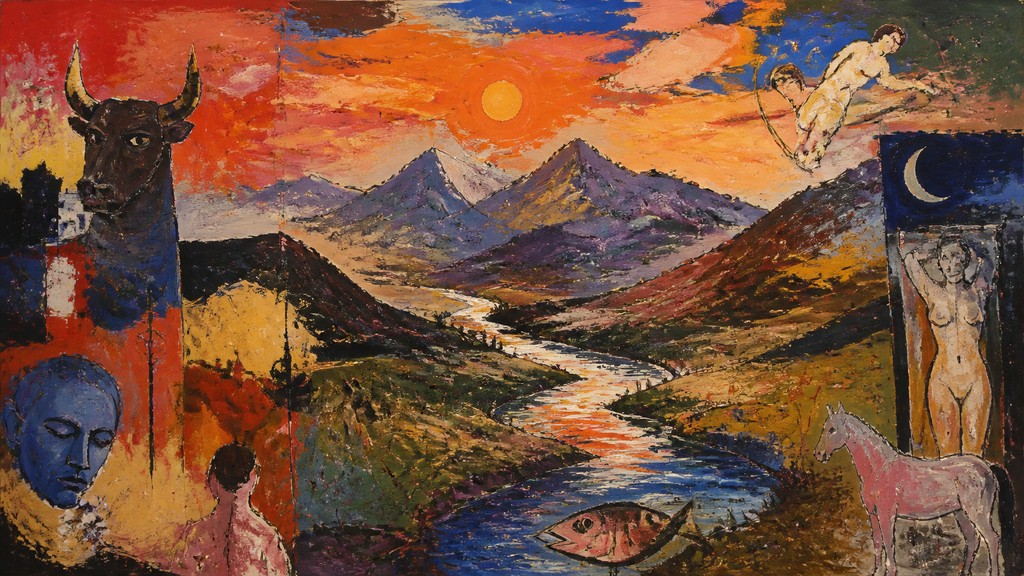 a vast valley with a river winding toward distant mountains at sunrise, no people, no text