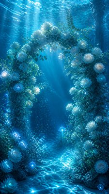 an arch of white roses and eucalyptus in soft morning light, elegant vertical composition with open space, no text