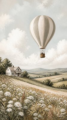 a hot air balloon drifting over rolling flower fields on a sunny day, cheerful, no text