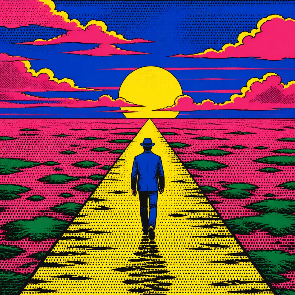 a solitary figure walking toward a glowing horizon across an empty plain, moody atmosphere, no text or lettering