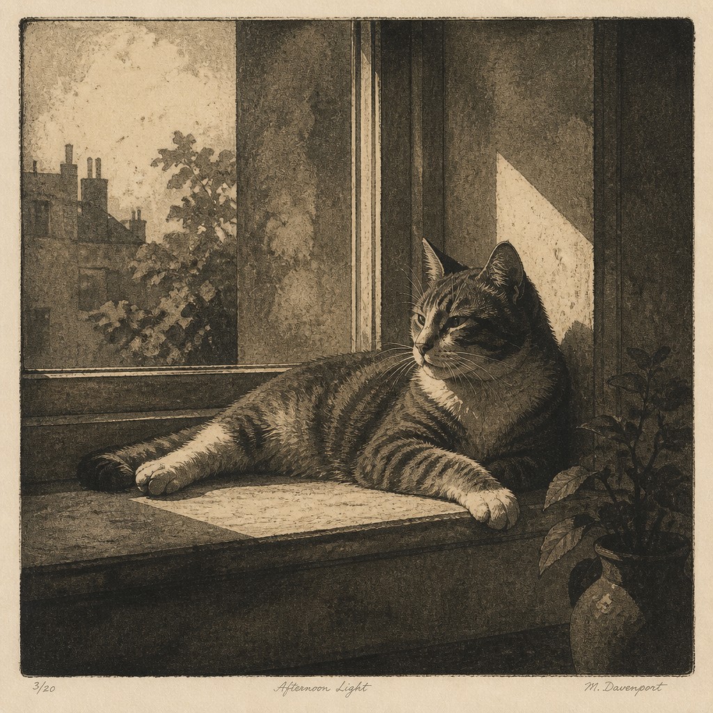a cat lounging in a sunlit window — Aquatint Print Style