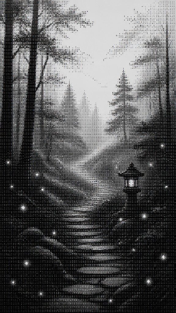 a mysterious forest path with fireflies and drifting mist, atmospheric vertical composition with open space at the top, no text