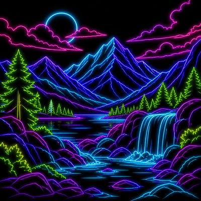 wide landscape with natural scenery — Neon Outline Style