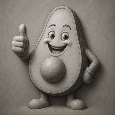 a happy avocado character giving a thumbs up, bold readable design on a plain background, no text