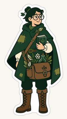 full-body original character: a wandering botanist with a satchel of plants, a patched green cloak, tall boots and round glasses, neutral background