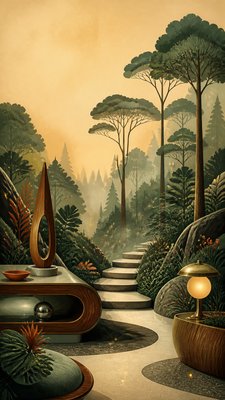 a mysterious forest path with fireflies and drifting mist, atmospheric vertical composition with open space at the top, no text