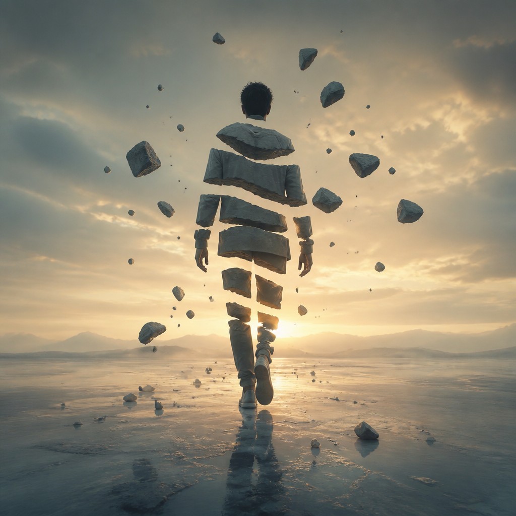 a solitary figure walking toward a glowing horizon across an empty plain, moody atmosphere, no text or lettering