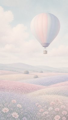 a hot air balloon drifting over rolling flower fields on a sunny day, cheerful, no text