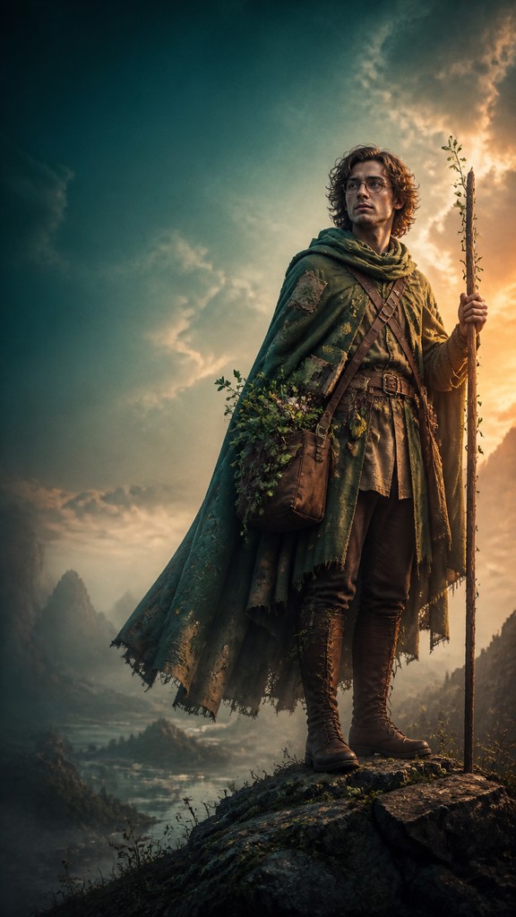 full-body original character: a wandering botanist with a satchel of plants, a patched green cloak, tall boots and round glasses, neutral background