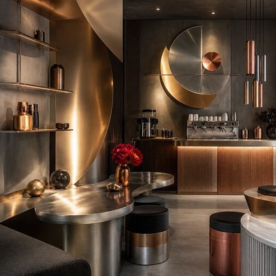 cozy cafe interior with warm lighting