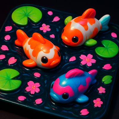 A koi pond seen from above, orange and white koi fish swimming among lily pads, clear water with subtle ripples, fallen cherry blossom petals floating on the surface, dappled sunlight