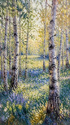 a serene birch forest in soft morning light, no people, no text