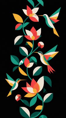 a climbing vine of flowers and hummingbirds on a dark background, tall wrapping composition, no text