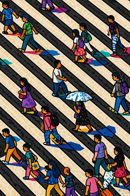 a group of people walking across a cross walk