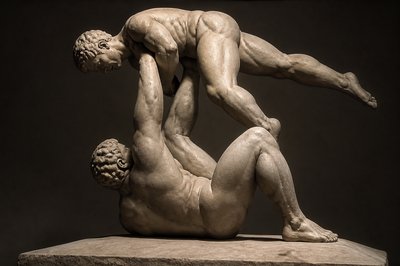 ancient greek ignudi wrestler on the ground lifting another wrestler