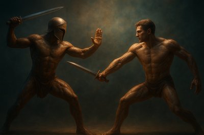 a couple of men standing next to each other holding swords