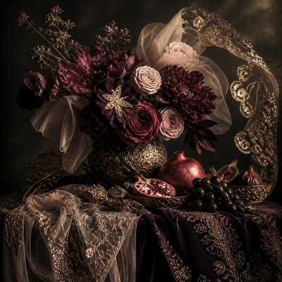 still life arrangement of fruits and flowers