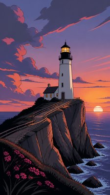 a lone lighthouse on a cliff at dusk under a dramatic sky, no text or lettering