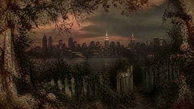 a city skyline panorama at dusk with glowing windows, no people