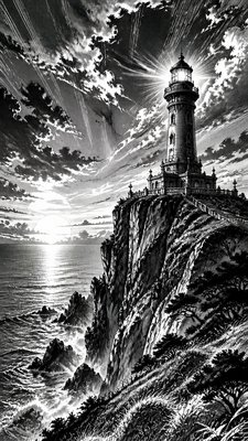 a lone lighthouse on a cliff at dusk under a dramatic sky, no text or lettering