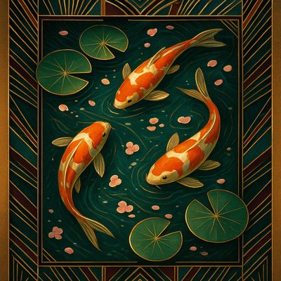 A koi pond seen from above, orange and white koi fish swimming among lily pads, clear water with subtle ripples, fallen cherry blossom petals floating on the surface, dappled sunlight