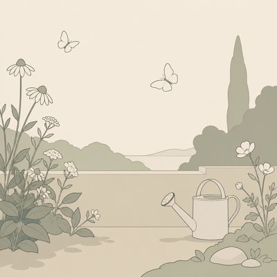 a garden scene with butterflies, flowers and a watering can, clean uncolored line art, no text