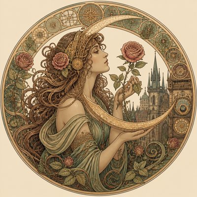 a rose entwined with a crescent moon, clean balanced composition on a plain background, no text