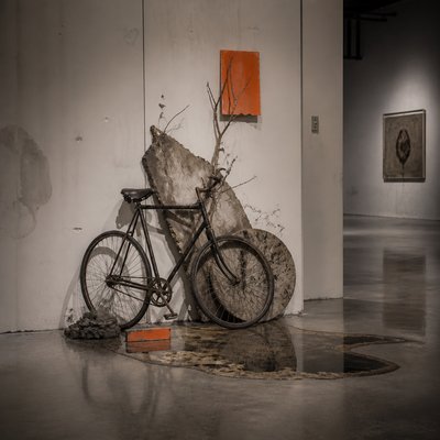 bicyle resting against a wall