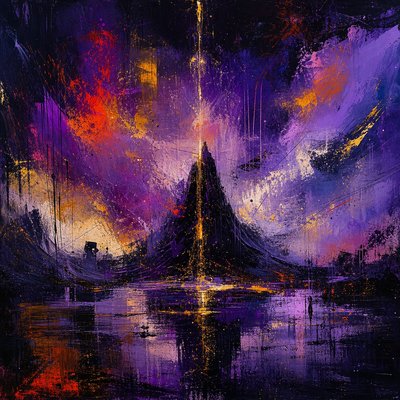 a painting of a purple and red sky