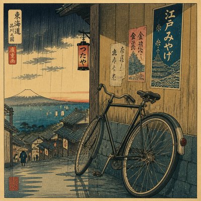 bicyle resting against a wall — Ukiyo-e Art Style