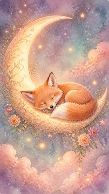a sleeping baby fox curled on a crescent moon among soft stars, gentle and warm, no text