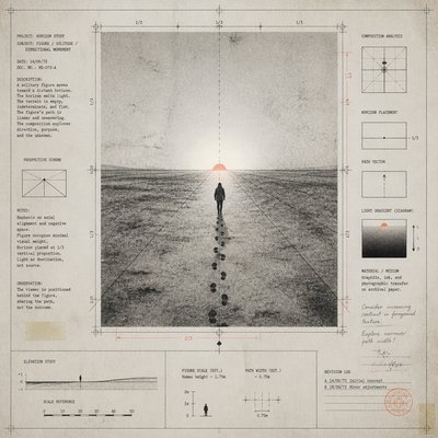a solitary figure walking toward a glowing horizon across an empty plain, moody atmosphere, no text or lettering