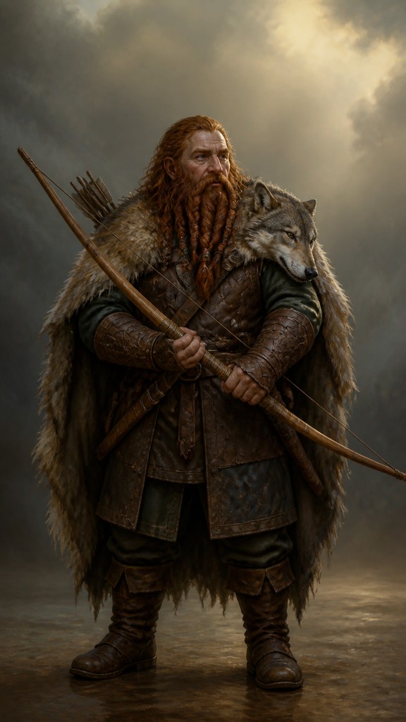 full-body original character: a dwarven ranger with a braided auburn beard, worn leather armor, a longbow and a wolf-pelt cloak, neutral background, no text