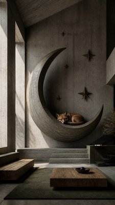 a sleeping baby fox curled on a crescent moon among soft stars, gentle and warm, no text