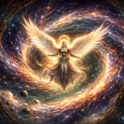 A sweeping digital fantasy painting of a majestic angel with large, feathered wings made of glowing white light and golden energy, suspended within the center of a massive cosmic whirlwind. The whirlwind itself is a swirling spiral galaxy, composed of vibrant nebulae, millions of sparkling stars, dust lanes in deep blues, purples, and oranges, and miniature planets caught in the flow. The angel, wearing flowing, armored robes of starlight, looks serene with outstretched arms. The background is the dark expanse of deep space filled with distant galaxies. The style is epic and cinematic.