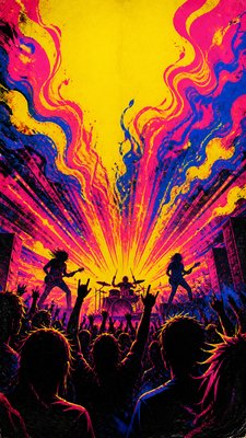 a live music scene with a glowing stage and silhouetted crowd, energetic vertical composition with open space at the top, no text