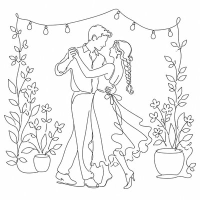 an original couple dancing under string lights in a garden at dusk: a man with short black hair in a linen shirt and a woman with braided red hair in a summer dress