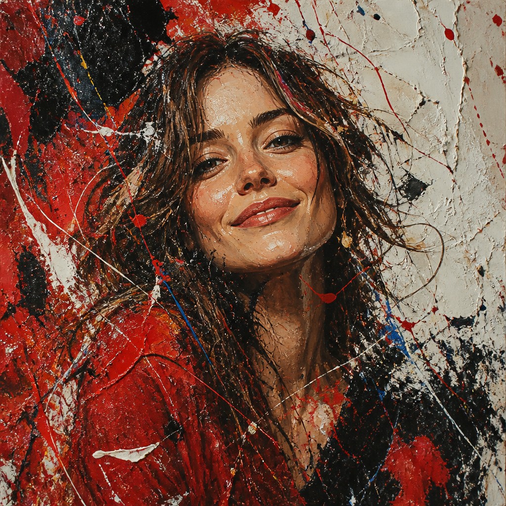 head-and-shoulders portrait of an original character: a young woman with wavy chestnut hair and a warm smile, plain soft backdrop