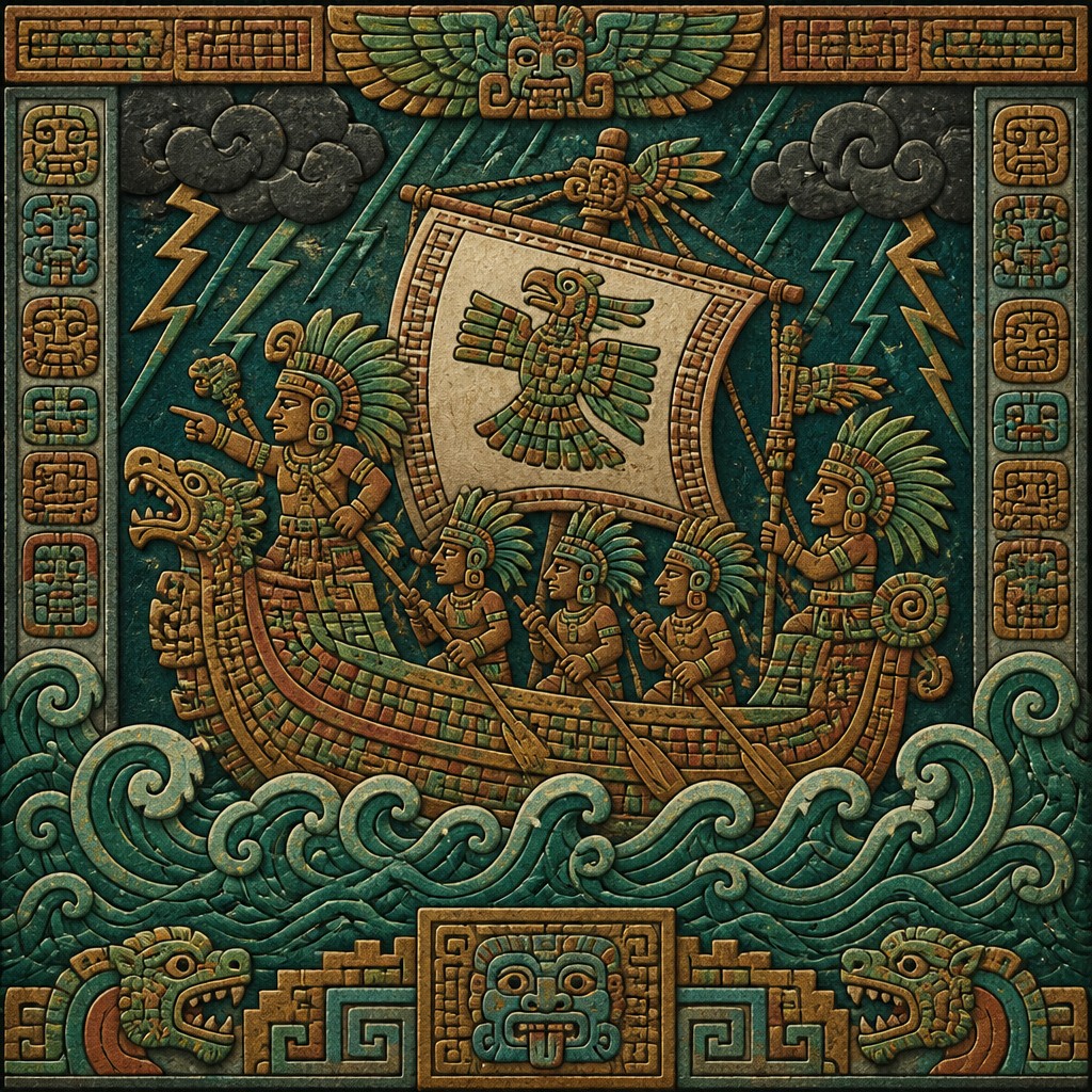 sailing ship on a stormy sea — Pre-Columbian Art Style