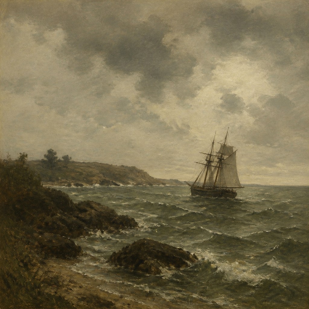 sailing ship on a stormy sea — Barbizon School Art Style