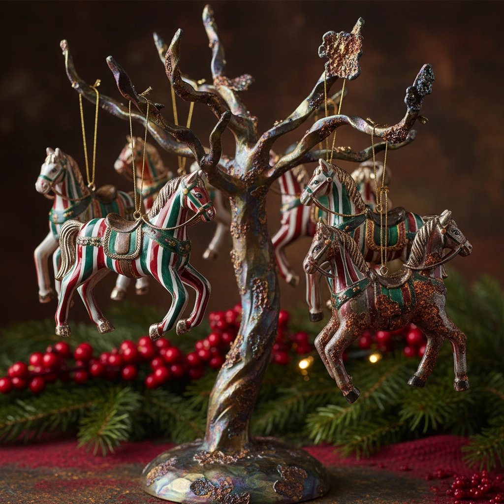 Ornament Rack of Tiny Horses
a collection of christmas ornaments shaped like tiny horses, glossy painted ceramic, metallic highlights, candy cane stripes, hand-painted details, dramatic holiday lighting, rich reds and greens, festive atmosphere