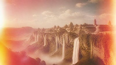 a cliffside city with waterfalls cascading into a misty canyon, wide establishing shot, no people, no text