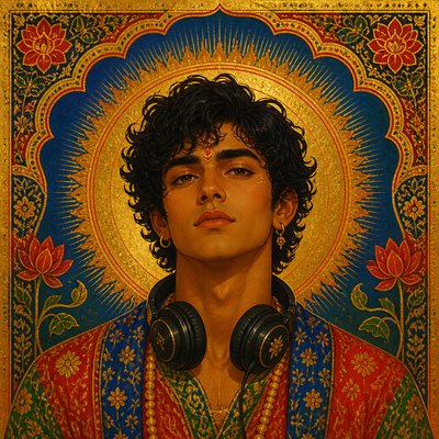 head-and-shoulders portrait of an original character: a young man with curly dark hair and headphones around his neck, plain backdrop, no text